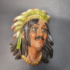 Vtg Native American Indian Head Decorative Clay Wall Hanging Feather Headdress